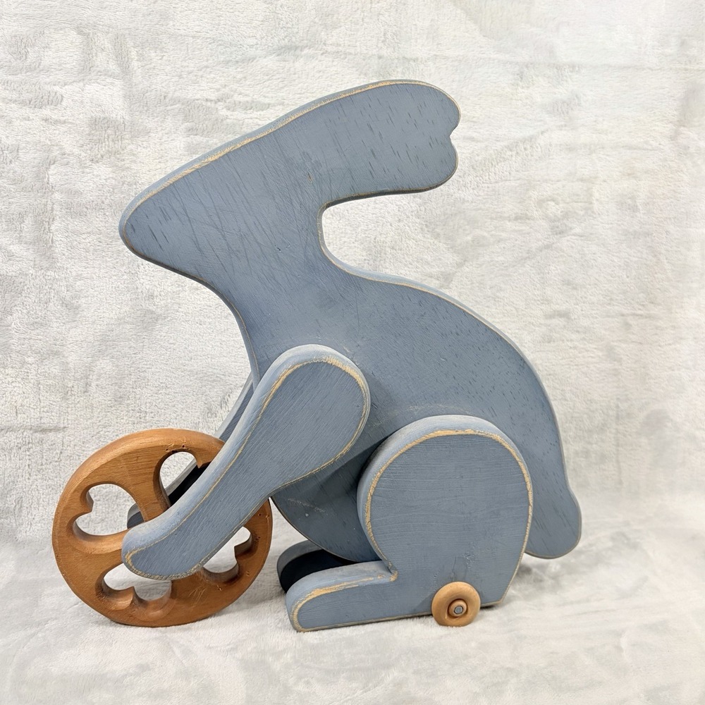 Blue Wood Bunny Rabbit On‎ Wheels Figure Decor Primitive Farmhouse Cottage Core